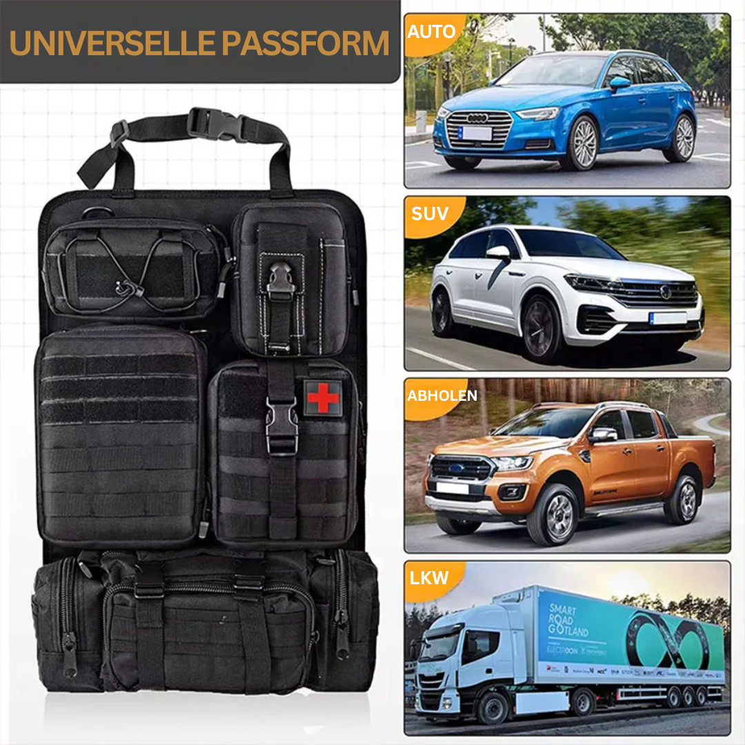 Schwarzer taktischer Rucksack mit mehreren Taschen, universelle Passform für Auto, SUV, LKW.