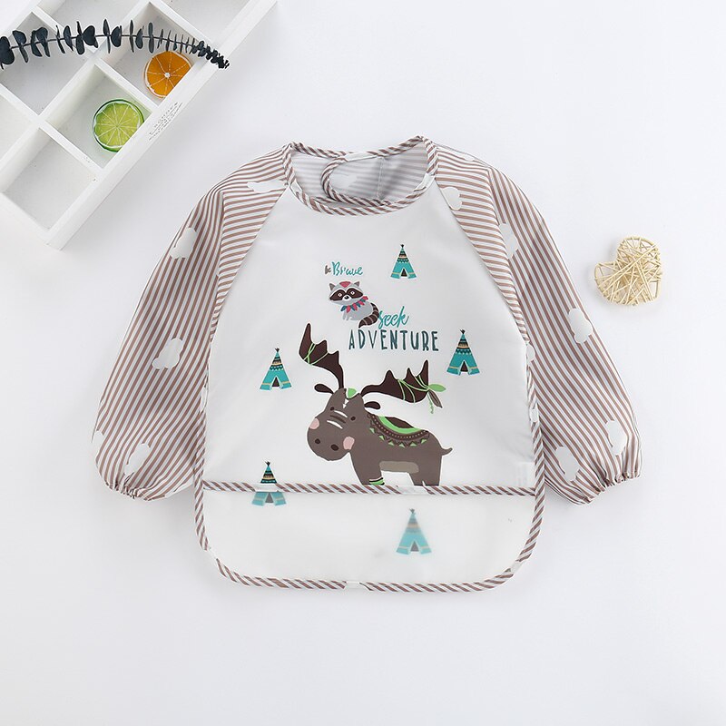 Baby-Lätzchen mit Elch-Motiv, wasserdicht, langärmelig, beige-weiß, für Kleinkinder.