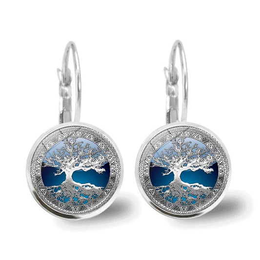 Silberne Lebensbaum-Ohrringe, modisch, rund, blaues Design, Damen-Schmuck.