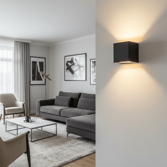Svart kubformad vägglampa på en strukturerad vägg, med varmt ljus uppåt och nedåt, och en grå soffgrupp i bakgrunden. 2