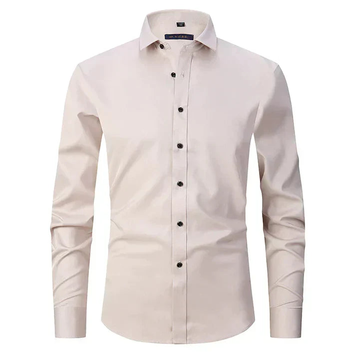 Beige Herrenhemd, knitterfrei, langärmelig, elegantes Design, ideal für Büro und Freizeit.