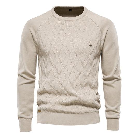 Beige Herrenpullover aus Baumwolle, Zopfmuster, lange Ärmel, Herbstmode, Winterkleidung.