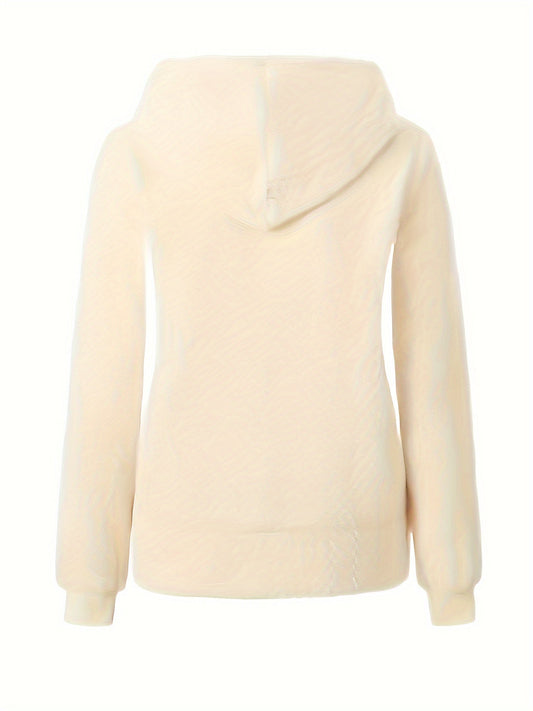 Beiger Damen-Hoodie aus Baumwolle, Kapuze, langärmlig, lässiger Stil, Rückansicht.