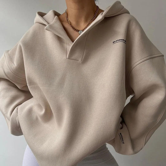 Beiger Kapuzenpullover Damen, lässig, Baumwolle, Kette, Mode, Herbst, Streetwear, bequem
