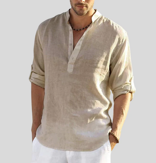 Beiges Leinenhemd für Herren mit Stehkragen, lässig, langärmelig, ideal für Sommermode.