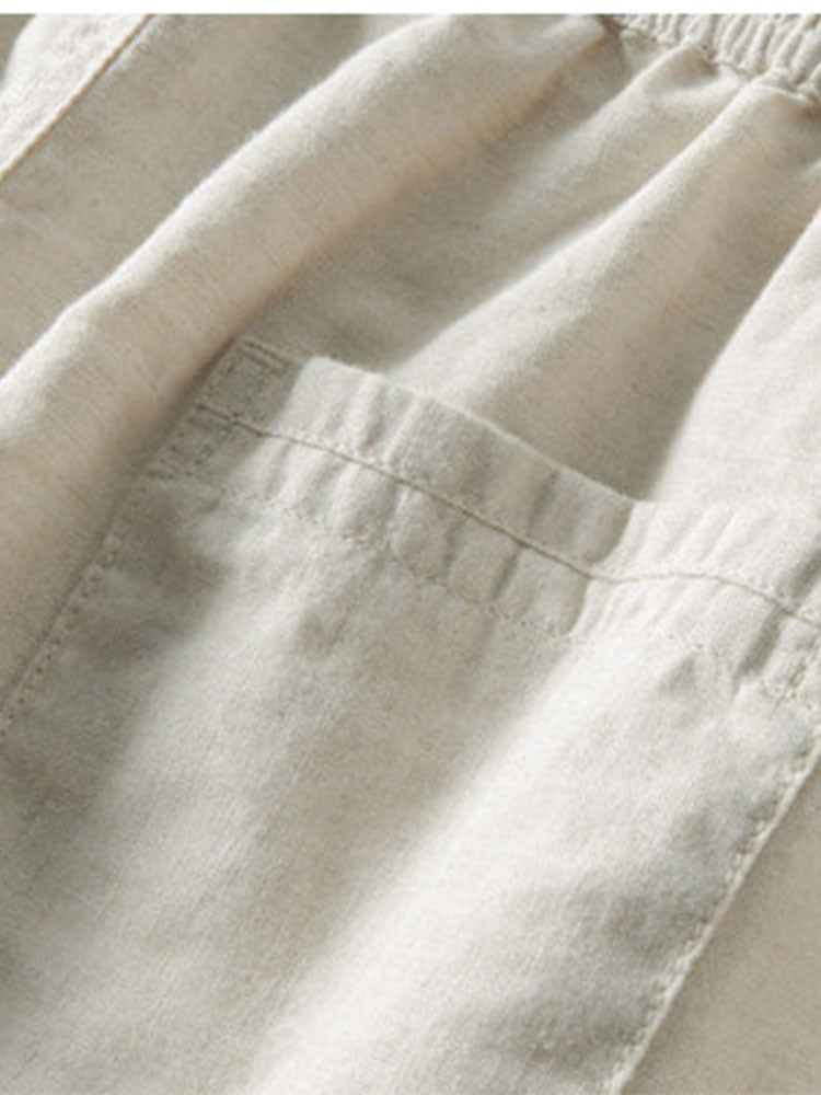 Beige Leinenhose mit elastischem Bund und Tasche, atmungsaktiv, Sommermode für Damen.