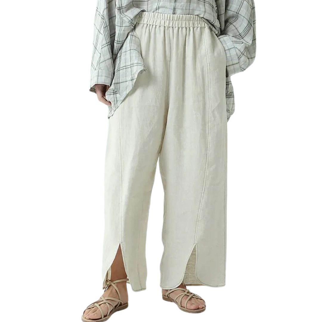 Damen Leinenhose beige, weites Bein, elastischer Bund, lässig, Sommermode, bequem.
