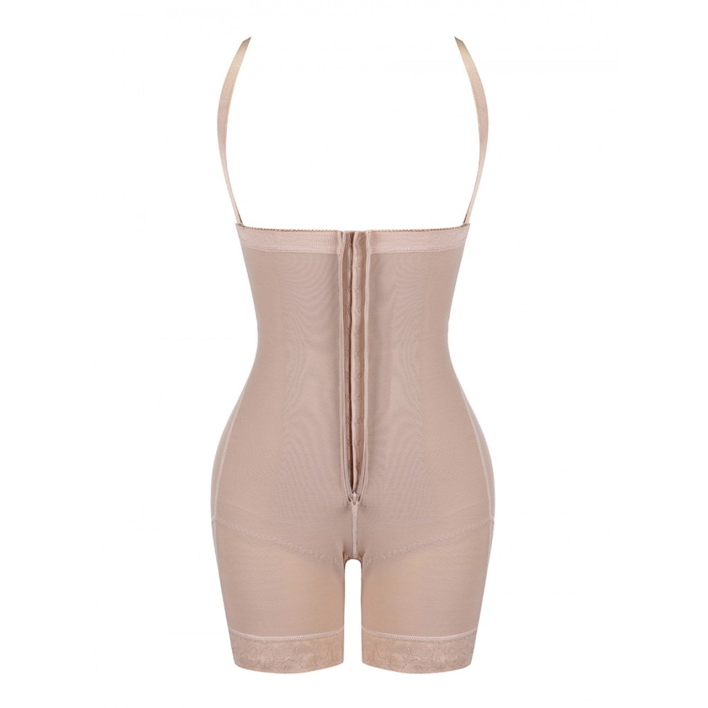 Beige Shapewear Body mit Trägern, nahtlos, figurformend, für Damen, Rückansicht.