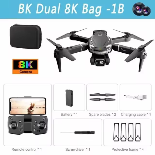 Schwarze Drohne mit 8K-Kamera, Fernbedienung, Akku, Ersatzteilen und Tragetasche.