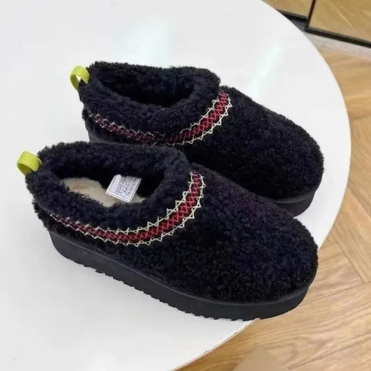 Schwarze Plüsch-Hausschuhe mit rotem Muster, rutschfeste Sohle, gemütlich, warm, Damenmode.