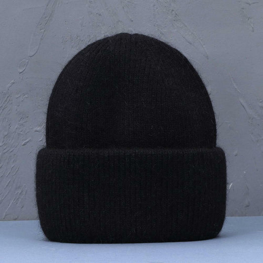 Schwarze Strickmütze aus Wolle, unisex, warm, modisch, ideal für Winter, Freizeitkleidung.