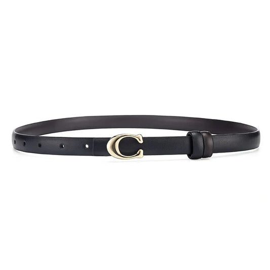 Schwarzer Ledergürtel mit goldener Schnalle, elegantes Accessoire, Damenmode.