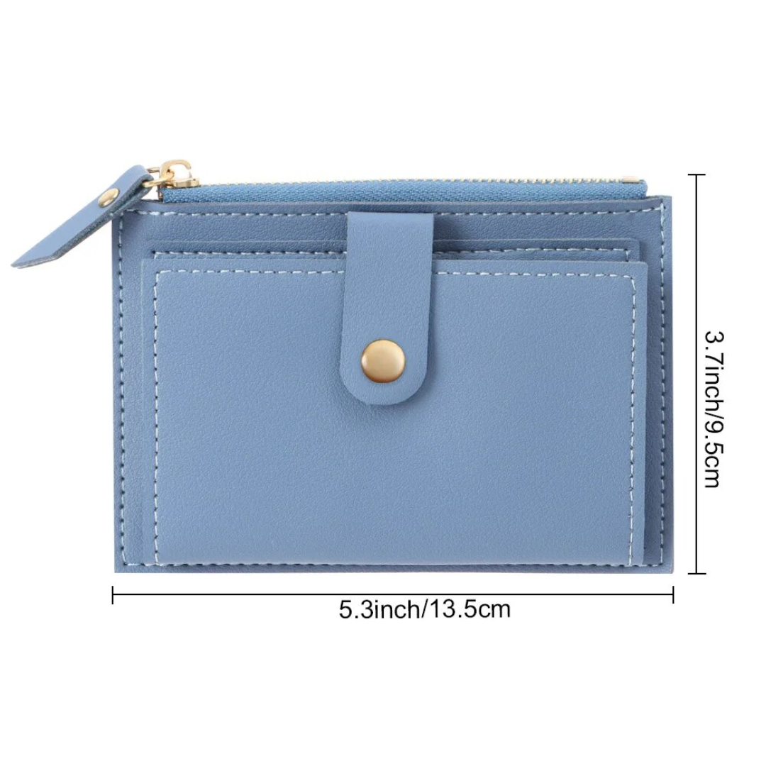 Blaue Leder-Geldbörse mit Druckknopf, Reißverschluss, 13,5x9,5cm, stilvoll und kompakt.