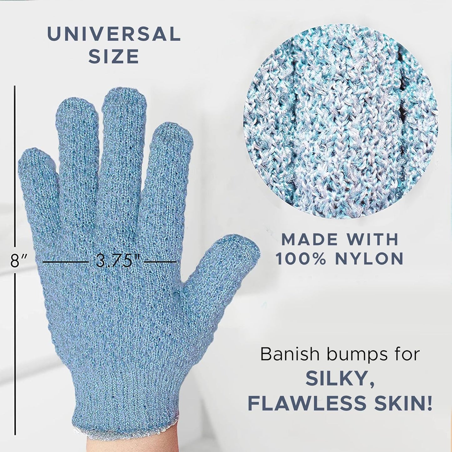 Blaue Peeling-Handschuhe aus Nylon, universelle Größe, für glatte Hautpflege.