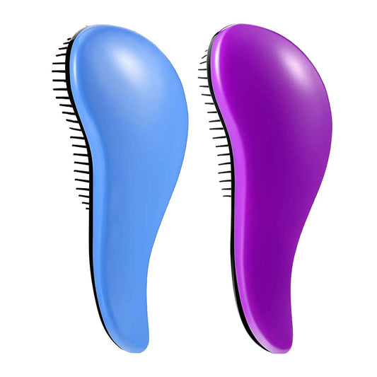 Zwei ergonomische Entwirrungsbürsten, blau und lila, für glattes Haarstyling.