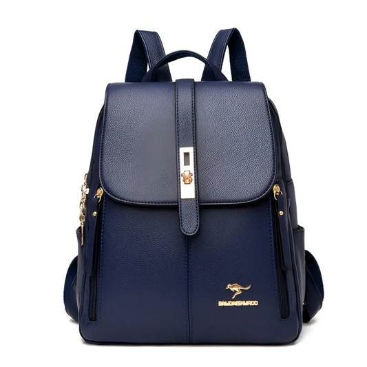 Dunkelblauer Leder-Rucksack mit goldenen Akzenten, stilvoller Damenrucksack für Alltag und Reisen.