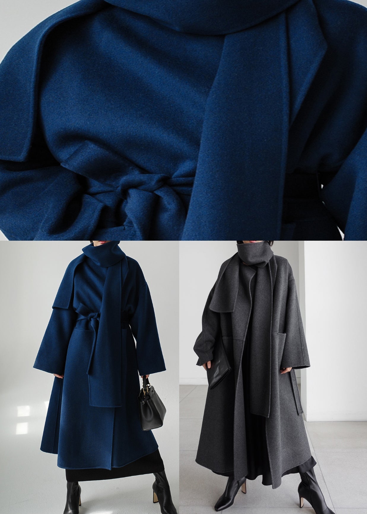 Damen Wollmantel blau, tailliert, mit Gürtel, lange Ärmel, eleganter Wintermantel.