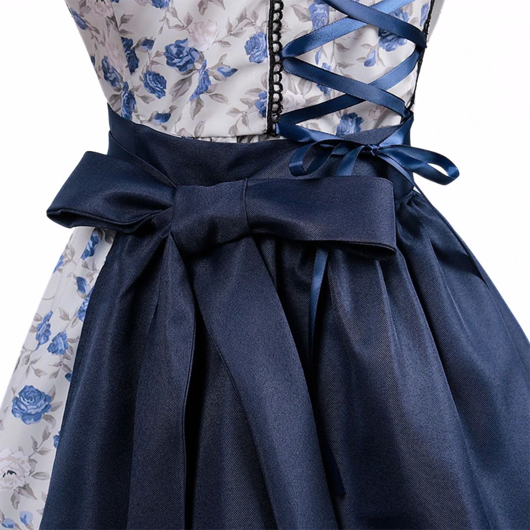 Blaues Dirndl mit Blumenmuster, Schnürung und Schleife, traditionelles bayerisches Kleid.