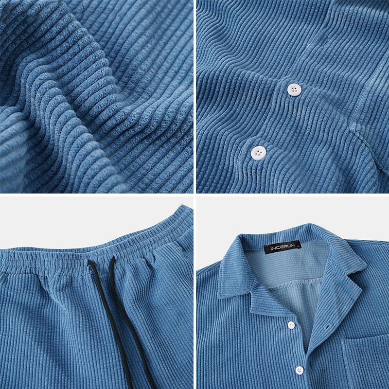 Blauer Cord-Pyjama-Set für Herren, Knopfleiste, elastischer Bund, weicher Stoff, bequem.