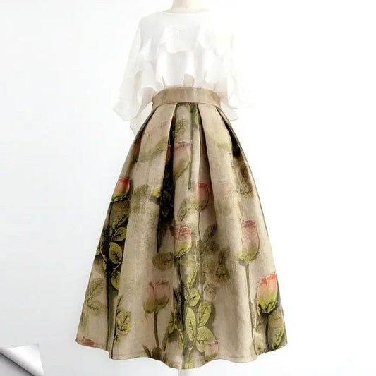 Eleganter Maxirock mit Blumenmuster, beige, aus Baumwolle, für Damenmode, Frühling/Sommer.