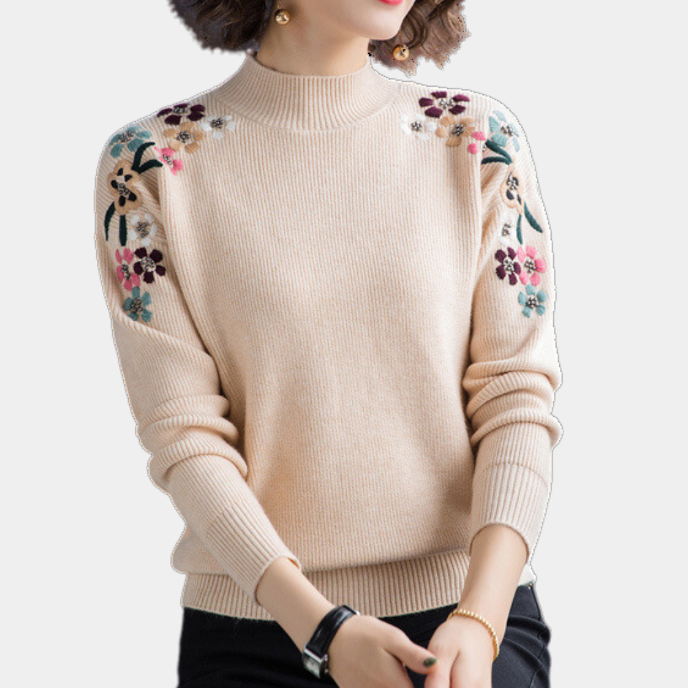 Damenpullover beige mit Blumenstickerei, Langarm, Rollkragen, modisch, elegant, Herbstmode.