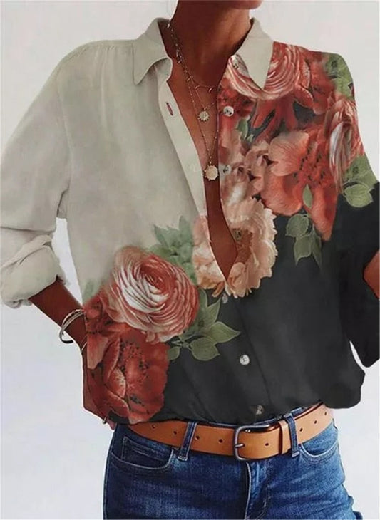 Damenbluse mit Blumenmuster, langärmlig, weiß-schwarz, lässig, Baumwolle, modisch.