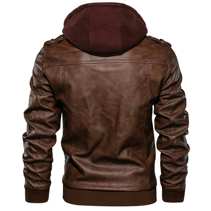 Braune Lederjacke mit Kapuze, Herrenmode, Rückansicht, stilvoll und modern.