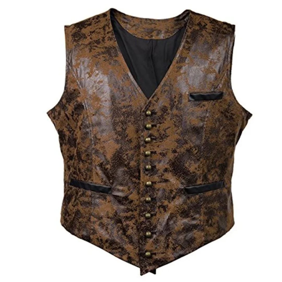 Braune Lederweste mit Schlangenmuster, Knöpfen und Taschen, Herrenmode, Vintage-Stil.