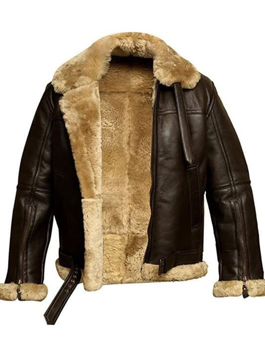 Braune Lederjacke mit beigem Lammfellfutter, Herrenmode, Winterjacke, stilvoll und warm.