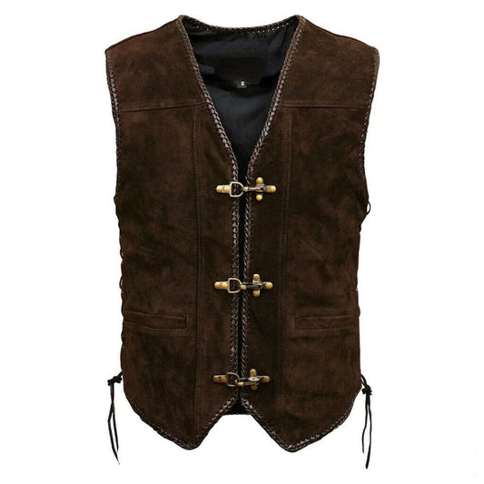 Braune Herren-Lederweste mit Schnallenverschluss, Trachtenmode, traditionell, Oktoberfest.
