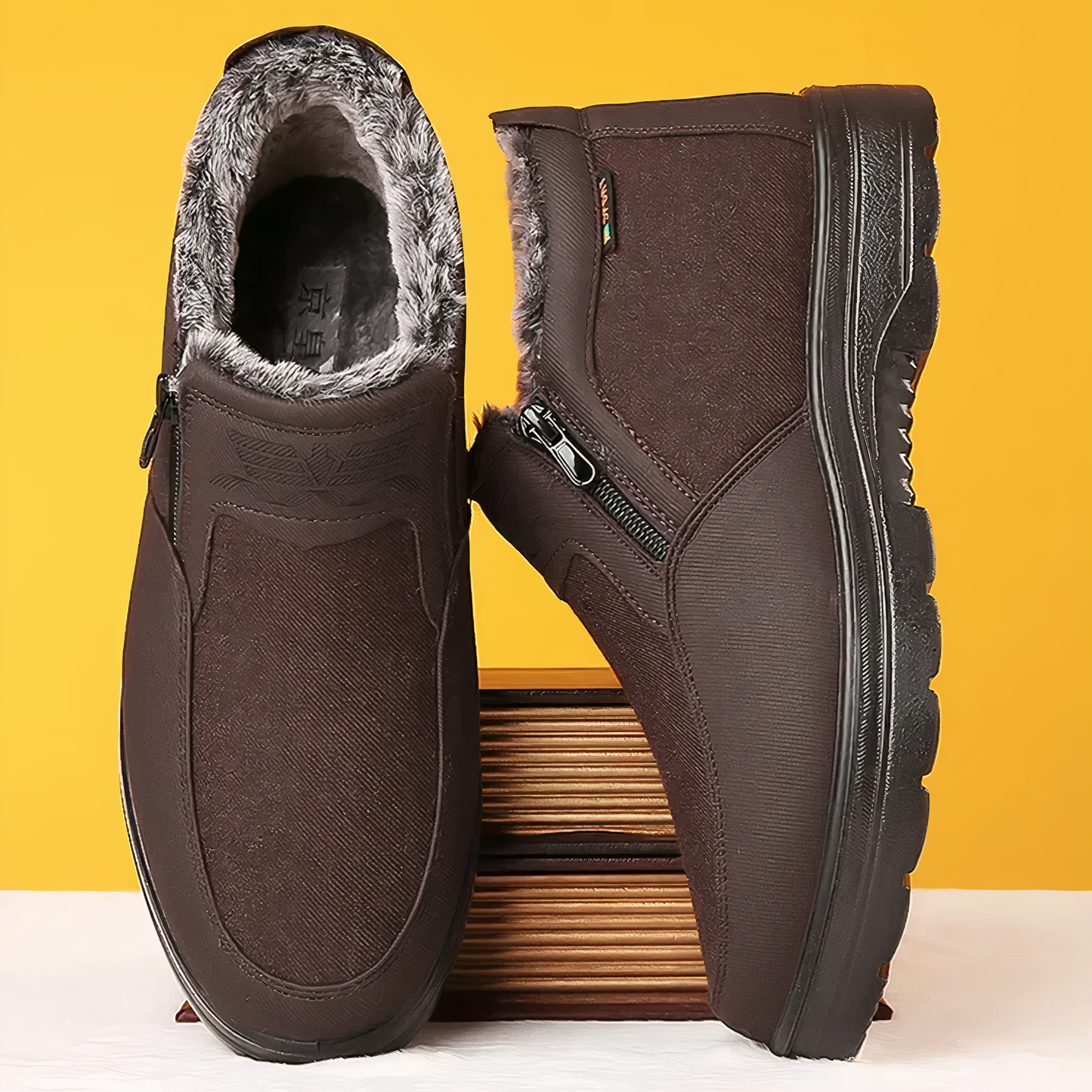 Braune Herren-Winterstiefel mit Reißverschluss, warm gefüttert, rutschfeste Sohle.