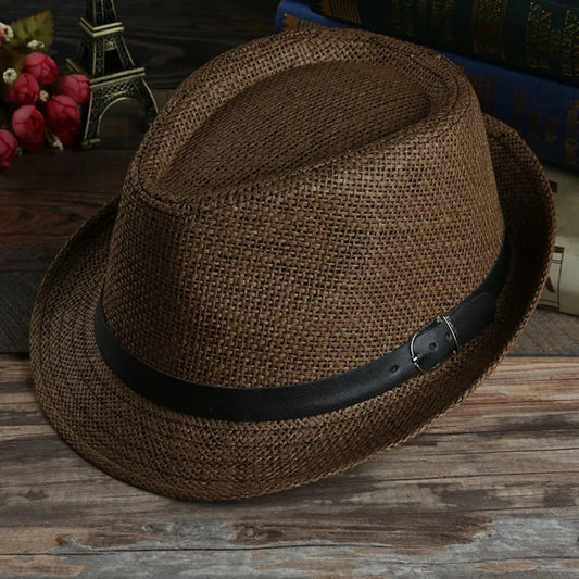 Brauner Fedora-Hut aus Stroh mit schwarzem Band, stilvoller Sommerhut für Herren.