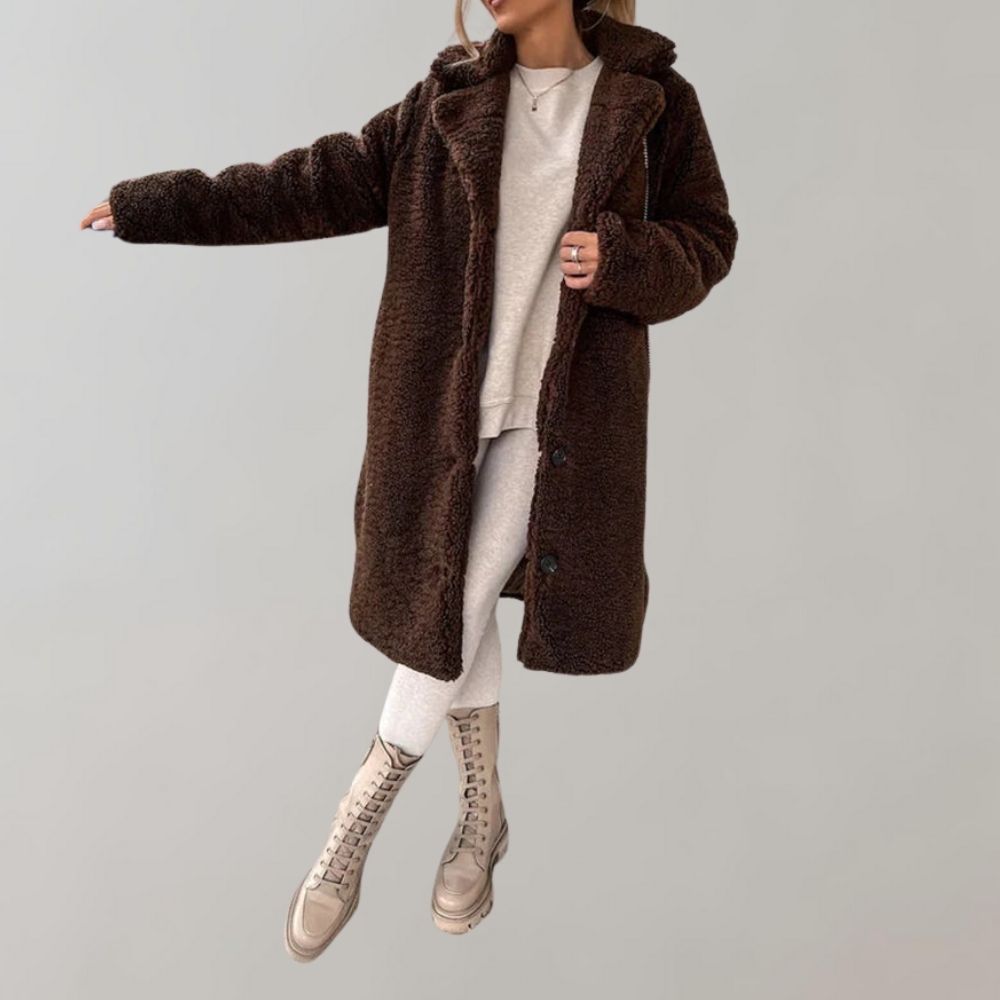 Damen Teddyjacke Braun, lang, kuschelig, modisch, Wintermantel, warm, stilvoll, elegant.