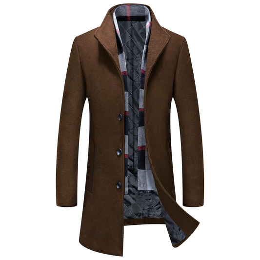 Brauner Herrenmantel, Wollmischung, elegantes Design, kariertes Innenfutter, Wintermode.