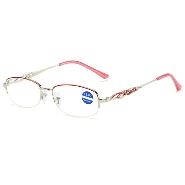 Silberne Lesebrille mit rosa Bügeln, rechteckige Gläser, stilvolles Design, Damenmode.
