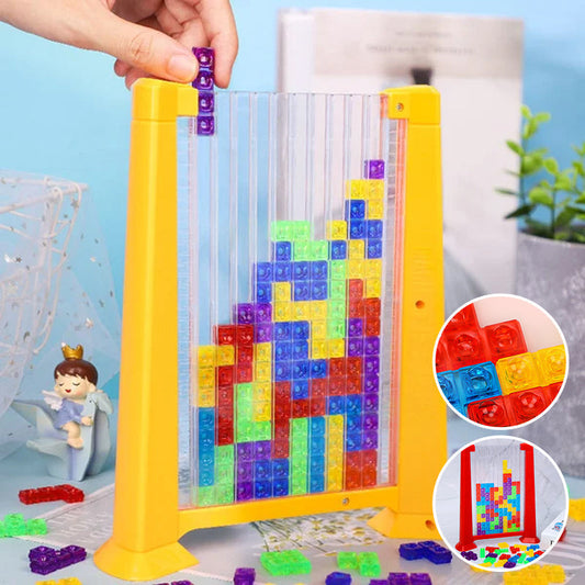 Buntes Tetris-Spielzeug aus Kunststoff, vertikal, mit Bausteinen, gelber Rahmen.