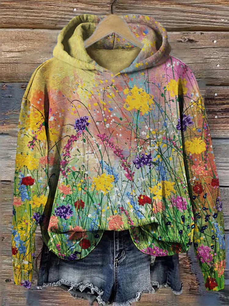Bunte Damen-Hoodie mit Blumenmuster, gelb, Baumwolle, Freizeitmode, Herbstbekleidung.