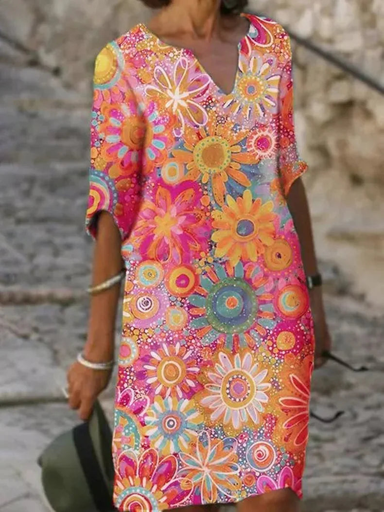 Farbige Blumenmuster Sommerkleid, V-Ausschnitt, halbe Ärmel, Damenmode, Vintage-Stil.