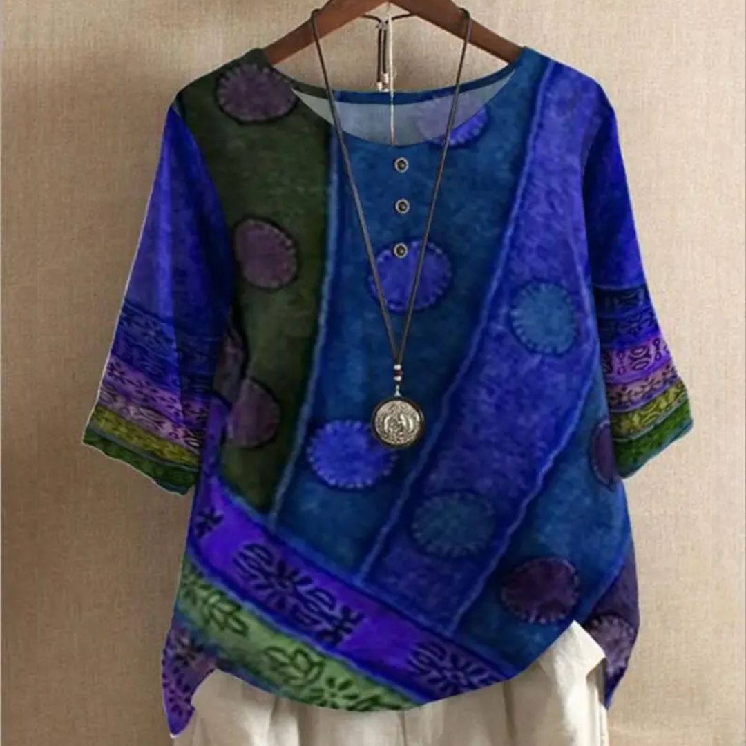 Buntes Damenbluse mit ethnischem Muster, blau-lila, Rundhals, Knöpfe, lässig, Baumwolle.