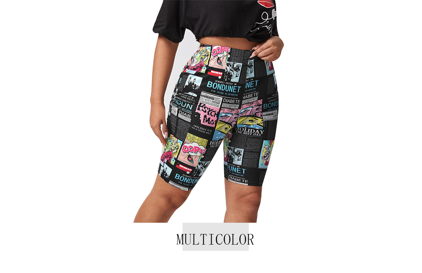 Fahrradshorts Damen, Comic-Print, Multicolor, elastisch, bequem, Sportbekleidung.