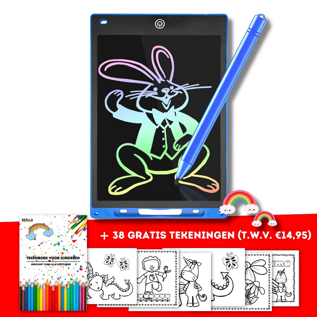 Blaues LCD-Schreibtablett mit Stift, Zeichnung eines Hasen, inklusive 38 gratis Malvorlagen.