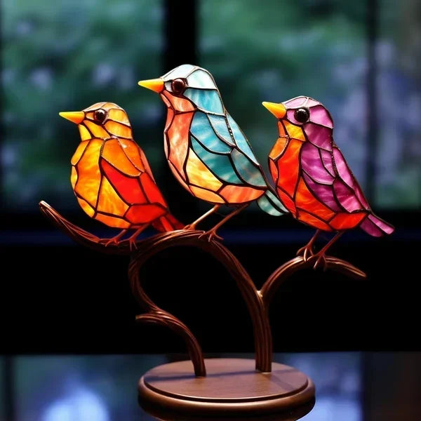 Buntes Tiffany-Glas-Vogel-Dekor, drei Vögel, Kunstglas, Wohnzimmer-Dekoration, Handarbeit.