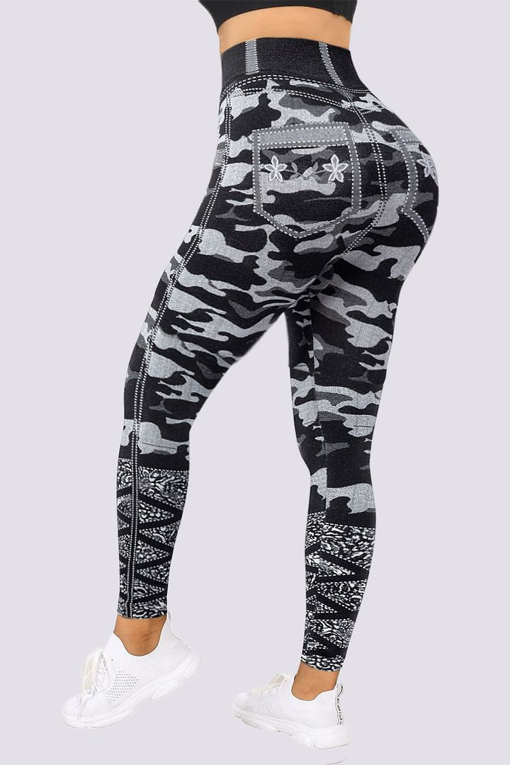 Damen Leggings Camouflage-Muster, hohe Taille, schwarz-grau, Sportbekleidung, Fitnessmode.
