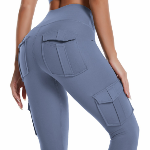 Damen blaue Cargo-Leggings, hohe Taille, Taschen, Sportbekleidung, elastisch, bequem
