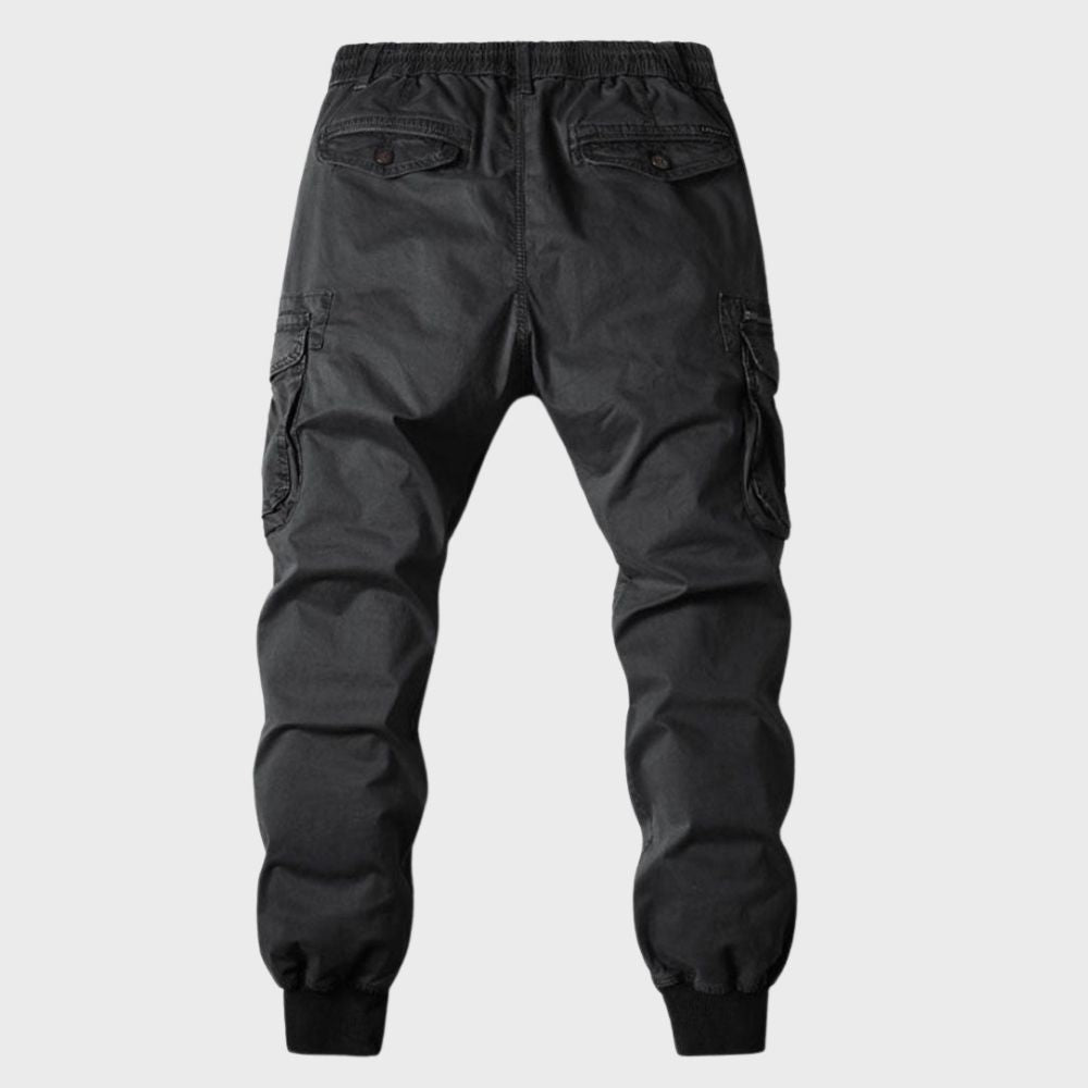 Schwarze Herren-Cargohose, elastischer Bund, Taschen, Freizeitmode, Baumwolle.