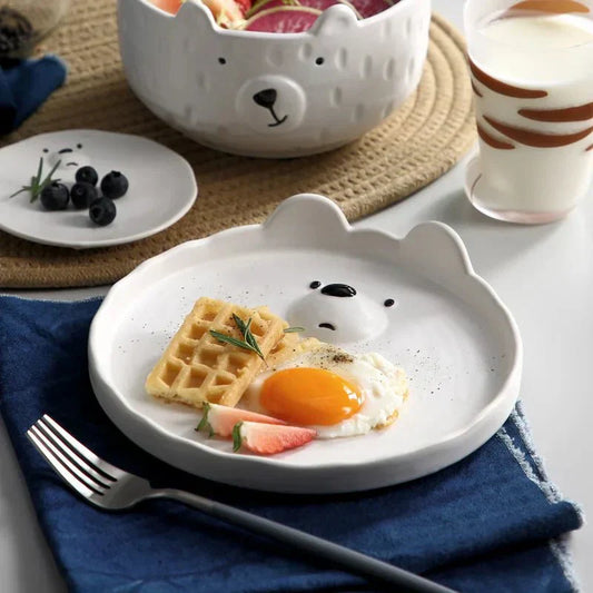 Cartoon-Eisbär Keramik Teller-Set, weiß, Frühstücksset, Kindergeschirr, niedliches Design