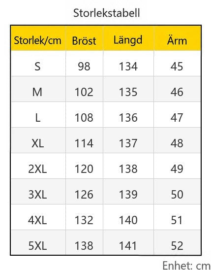 Måttabell för jumpsuiten med bröstvidd, längd och ärmlängd i centimeter för storlekarna S till 5XL 11