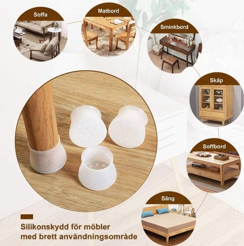 Informationsbild med kapslar på ett träben och små bilder av soffa, matbord, skänk, soffbord och säng där de kan användas. 7