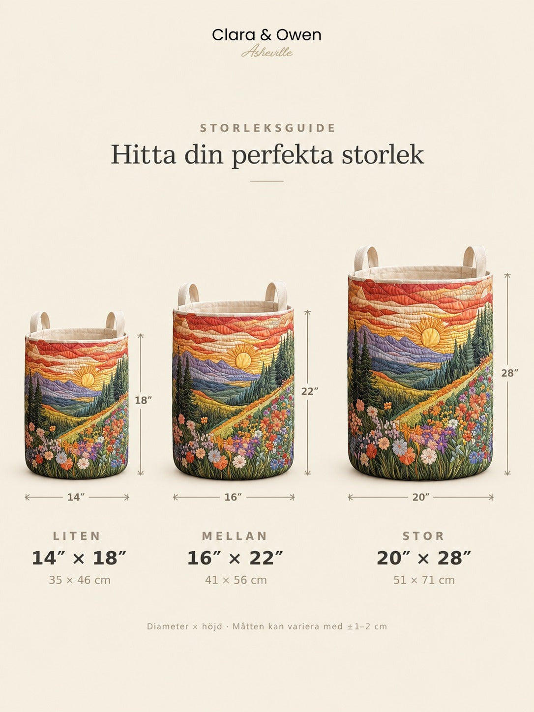 Måttguide som visar korgen i tre storlekar, liten, medium och stor, med diameter och höjd angivna för varje. 5