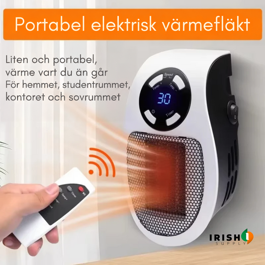 Värmaren i vägguttag med varm luft ut och en hand som håller fjärrkontrollen, med informationstext 2